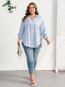 SHEIN CURVE+ Plus Size Women Striped Roll-Up Sleeve Single-Breasted Casual Loose Shirt/2026 /New Year Plus Size Shirts And Blouses - Blue - View 7