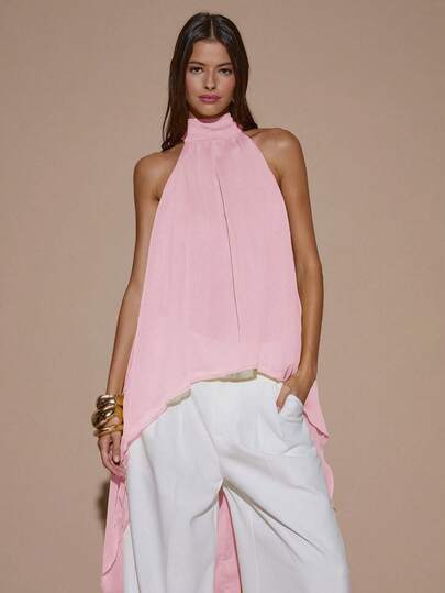 SHEIN BAE Sexy Minimalist Solid Color Cream Yellow Chiffon Halter Neck Tank Top, Suitable For Party, Cocktail, Formal Occasions, Bridesmaid Dress, Birthday Mini Dress, Elegant Chiffon Top, Christmas, Banquet, Business Casual