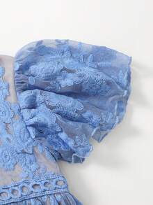 Vestido de niña elegante con cuello alto de encaje - Azul - Ver 2