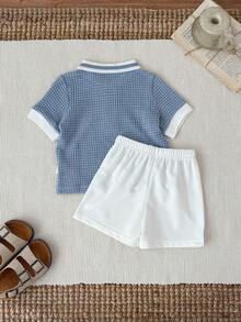 SHEIN Bộ đồ 2 món cho bé trai/bé gái: Áo polo tay ngắn cổ bẻ phối màu tương phản và quần short màu trơn cạp chun. - Nhiều màu - Xem 2