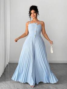 Elenzga 大码女士优雅不对称领褶裥阔腿连体裤，收腰喇叭裤腿，适合毕业典礼、节日、情人节、音乐节、母亲节、万圣节、感恩节、复活节、国庆节、晚会、约会、派对、婚礼、郊游、春夏等场合。 - 淺藍色 - 查看 4