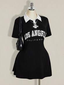 SHEIN ICON 大码女式 Polo 领黑白撞色迷你连衣裙 - 黑色 - 查看 1
