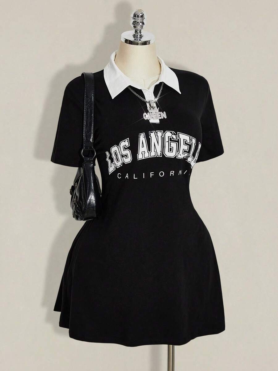 SHEIN ICON 大码女式 Polo 领黑白撞色迷你连衣裙 - 黑色 - 查看 1