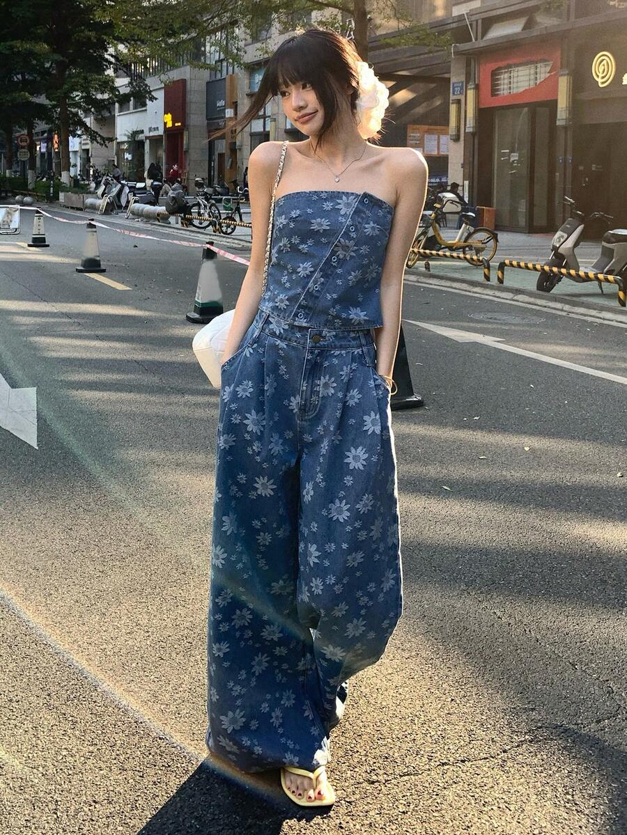 DAZY 女士抹胸上衣和宽松牛仔裤套装 - 藍色 - 查看 1