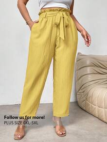 Firerie Plus Size Elegant Commuter/Office Ruched Tie-Waist Tapered Leg Pants With Pockets - Yellow - View 1