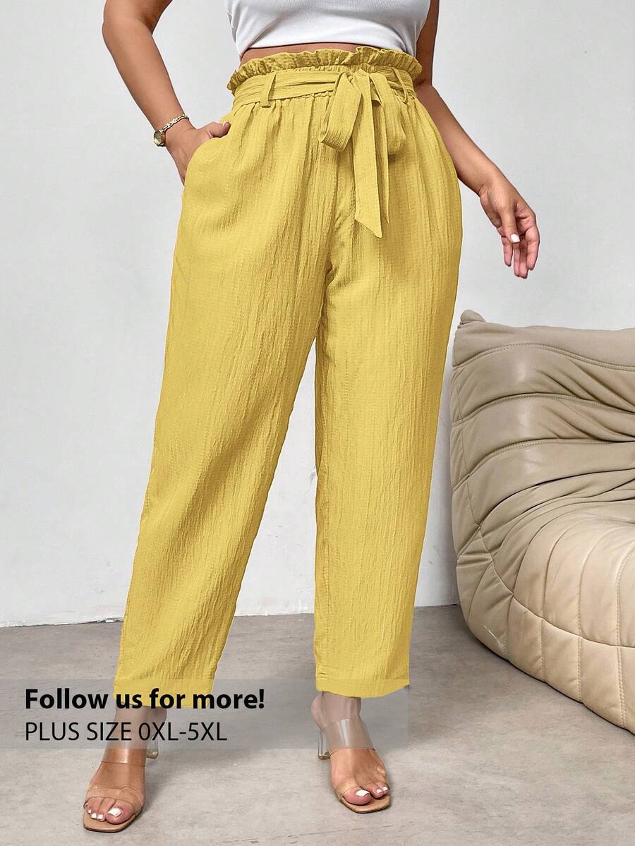 Firerie Plus Size Elegant Commuter/Office Ruched Tie-Waist Tapered Leg Pants With Pockets - Yellow - View 1