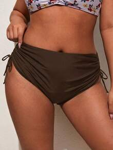 Swim Vcay Plus Size Solid Color Ruched Drawstring Casual Bikini Bottom - Brown - View 4
