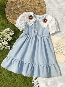 Young Girl' Spring/Summer Denim Dress With Lapel Collar, Casual & Fashionable, Suitable For Daily Outings, Leisure, Camping, Gatherings - Blue - View 8