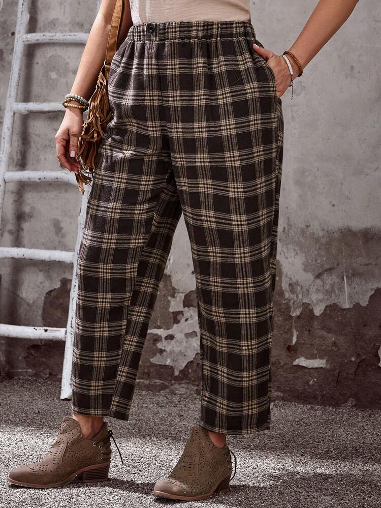 Plus Size Women's Summer Casual Vacation Country Brown Plaid Pocket Harem Capri Pants With Pockets,Early Spring,Spring Break, Vacation Women, Holiday For Women,Spring Women,Going Out,2026 New,Simple And Fashionable For Everyday Wear,Holiday Boho