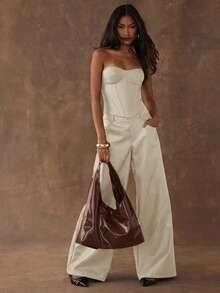 SHEIN BAE Áo quây nữ màu trơn dáng rộng, phối họa tiết xương cá, thích hợp mặc mùa hè. - Màu be - Xem 6