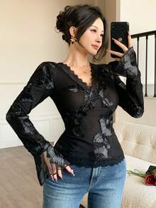 DAZY Women's Elegant Floral Lace Patchwork V-Neck Blouse, Spring/Summer,Wedding Guest Dress Women Long Sleeve Tops Women - Black - View 8