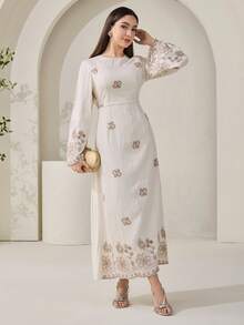 Veilorie 女士花卉刺绣圆领喇叭袖优雅阿拉伯风格连衣裙 - 杏色 - 查看 6