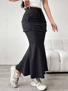 Aidyla Women's Solid Color Simple Daily Wear Drawstring Waist Skirt Maxi - Dark Grey - View 7