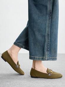 CUCCOO BIZCHIC Sheepskin Leather Vintage Casual Comfortable Slim Buckle Design Loafers For Women - Army Green - View 7
