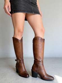 Bota Alta Tabaco con Tacón de 7 cm - Café - Ver 3