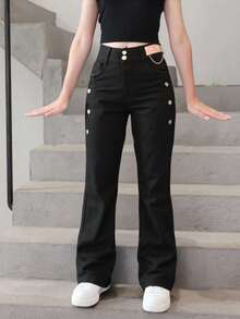 Jeans niña  denim cómodo con botones laterales ajuste en cintura estilo casual moderno temporada primavera verano otoño - Negro - Ver 3