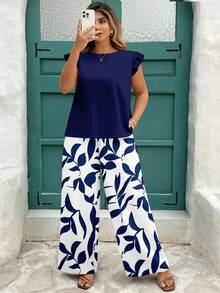 EMERY ROSE Casual Elegant Blue Floral Print Plus Size 2 Piece Set, Suitable For Valentine's Day & Carnival - Multicolor - View 7