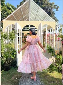 Lyrianda Vestido modesto de talla grande con cuello redondo, mangas farol y volantes en capas en azul claro, vestido de cumpleaños de curvas para primavera/verano, vestido de fiesta de jardín, vestido de fiesta de té de curvas, vestido floral de curvas, vestido floral rosa, vestidos rosas para mujer, vestido de cumpleaños ligero y colorido con estampado floral para mujer, vestido vintage de mujer, vestido con mangas abullonadas, vestidos vintage para mujer, vestido de organza para mujer, atuendo de cumpleaños para damas, atuendo de ducha nupcial para la novia, vestido de fiesta de té para mujeres - Rosa - Ver 2