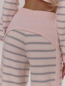 MUSERA Pantalón de pierna ancha con detalle de panel trasero de rayas tejidas, conjunto de Bottom, lindo, femenino, sexy, para salir, diario, primavera, invierno - Multicolor - Ver 5