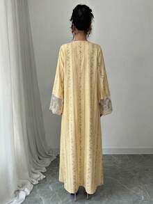 Yasmyna Vestido árabe de manga larga holgado con puño tejido y estampado para mujer - Amarillo - Ver 2