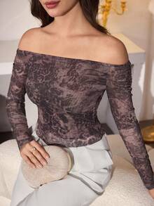 Modelyn Women's Elegant Mesh Print Off Shoulder Neck T-Shirt, Suitable For Outings And Dates, Autumn/Winter - Multicolor - View 9