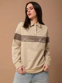 SURIMA Women's Casual Letter Print Drop Shoulder Long Sleeve Loose Polo Neck Sweatshirt - Multicolor - View 1