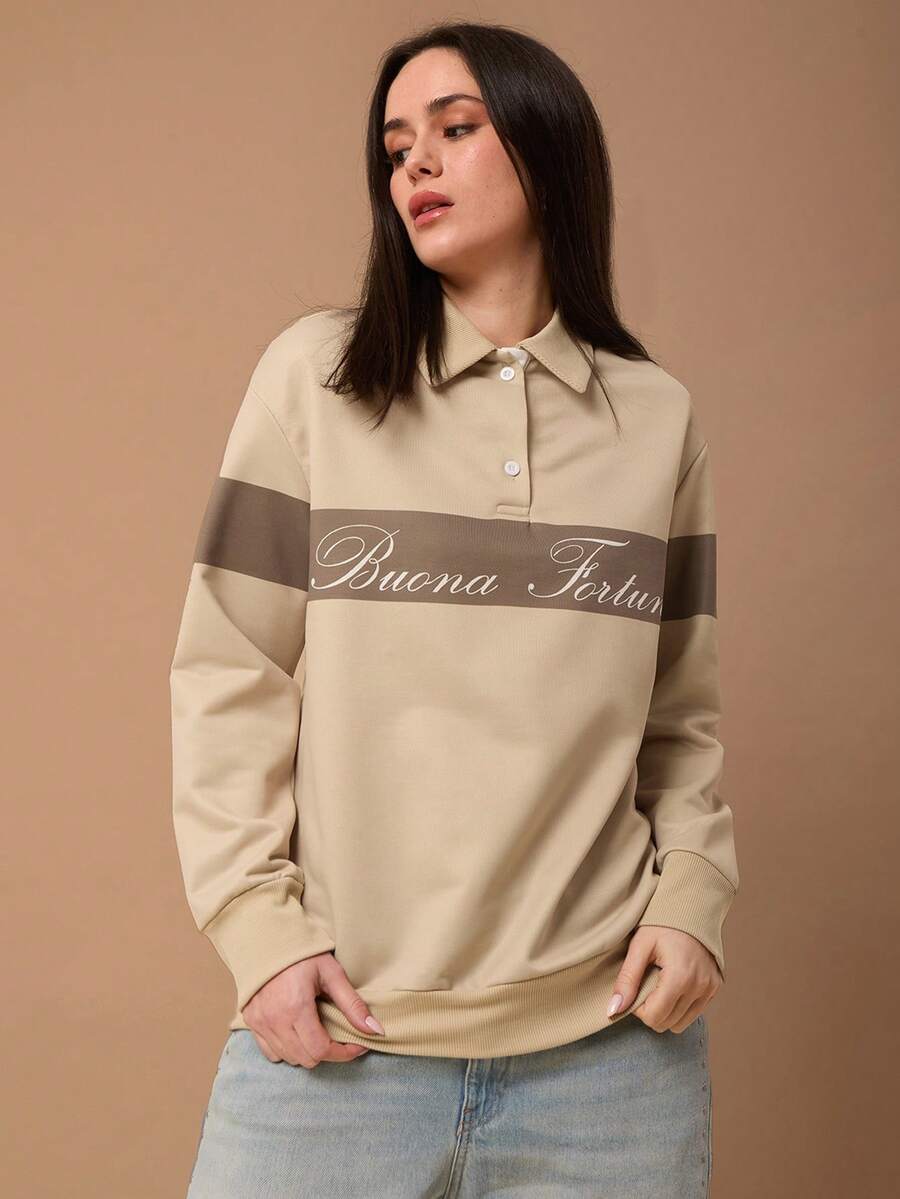 SURIMA Women's Casual Letter Print Drop Shoulder Long Sleeve Loose Polo Neck Sweatshirt - Multicolor - View 1