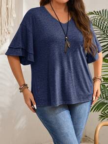 Rosumi Plus Size Women Summer Casual Vacation Daily Commute V-Neck Loose Flare Sleeve Plus Size T-Shirt - Navy Blue - View 5