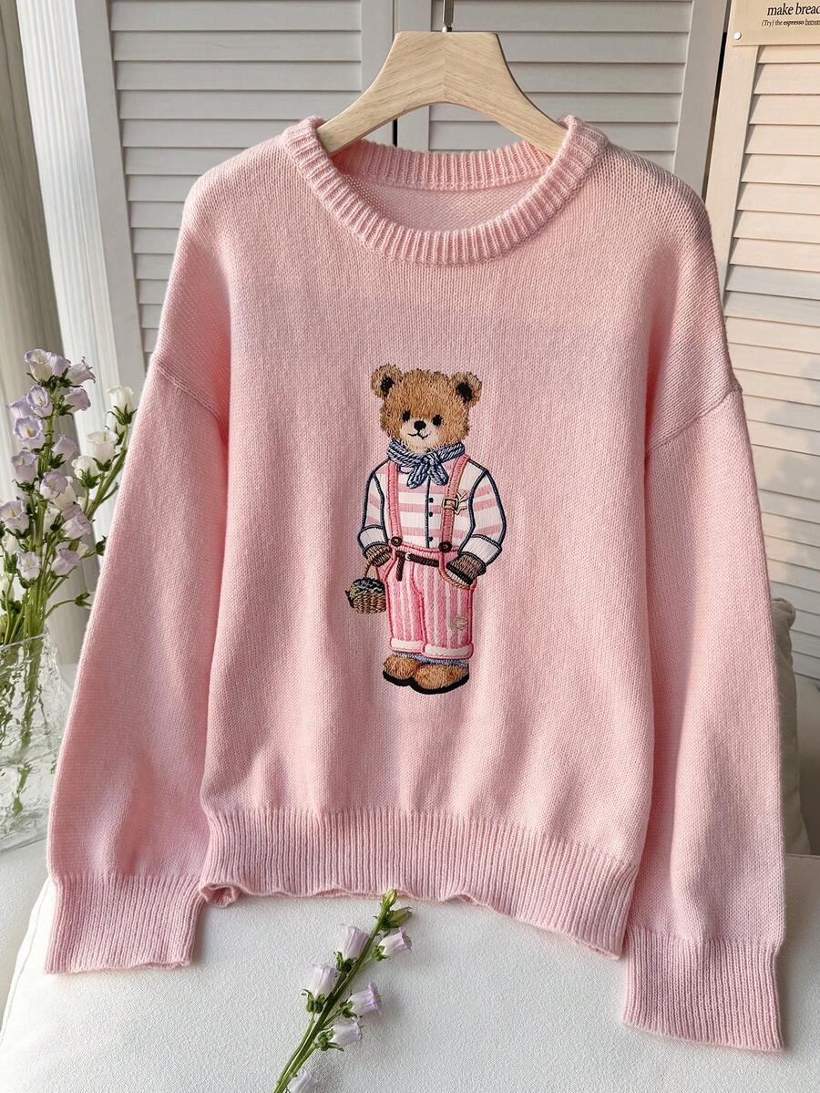 Comfortcana Fashionable Pink Crew Neck Knitted Teddy Bear Sweater - Pink - View 1