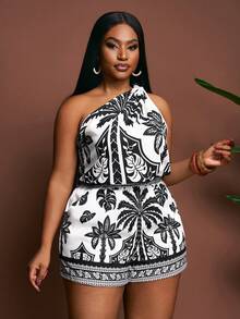 Slaydiva 大码女装两件套 - 纯色无袖打结下摆露脐上衣和带口袋短裤，梭织纹理面料，休闲度假装，春夏款 - 彩色 - 查看 5