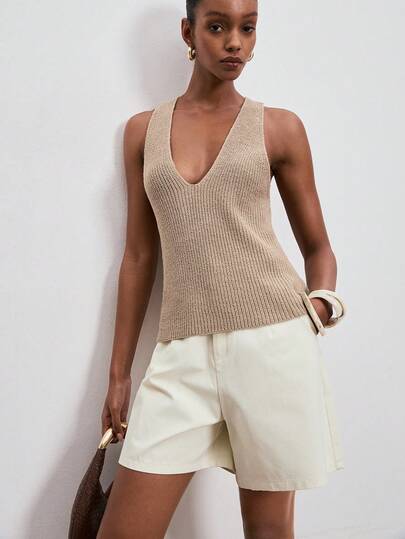 ATUI Studio Blusa de punto acanalado de cuello en V minimalista de unicolor para vacaciones de mujer