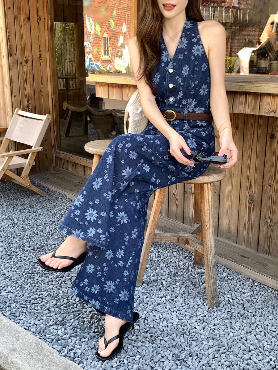 DAZY Women's All-Over Print Tie-Up Waist Loose Wide Leg Denim Jumpsuit - Blue - View 1