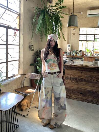 DAZY Women's Korean Style Plaid Ombre Loose Fit Versatile Casual Denim Jeans, Spring/Summer