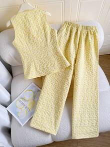 SHEIN Tween Girl Solid Color Crew Neck Sleeveless Shirt And Pants Casual Outfit - Yellow - View 5