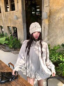 DAZY Women's Collar Hollow Out Floral Ruffle Trim Lightweight Jacket - Apricot - View 6