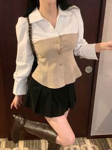 DAZY Women's Elegant Contrast Color Korean Style Long Sleeve Blouse, Spring/Autumn - Khaki - View 6