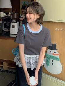 DAZY Women's Stylish American Shoulder Short Sleeve T-Shirt, Slim Fit Casual Top - Grey - View 8