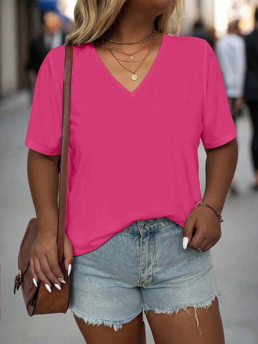 EMERY ROSE T-shirt casual à col V unicolore et manches courtes pour femmes grandes tailles - Rose vif - Voir 1