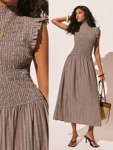 Poéselle 女士条纹短袖连衣裙 - 棕色 - 查看 3