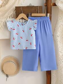 SHEIN 2pcs/Set Young Girls Textured Fabric Short Sleeve Button Back T-Shirt & Casual Long Pants Outfit - Blue - View 3