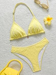 SHEIN 少女黄色提花纹理沙滩度假比基尼两件套 - 黃色 - 查看 2