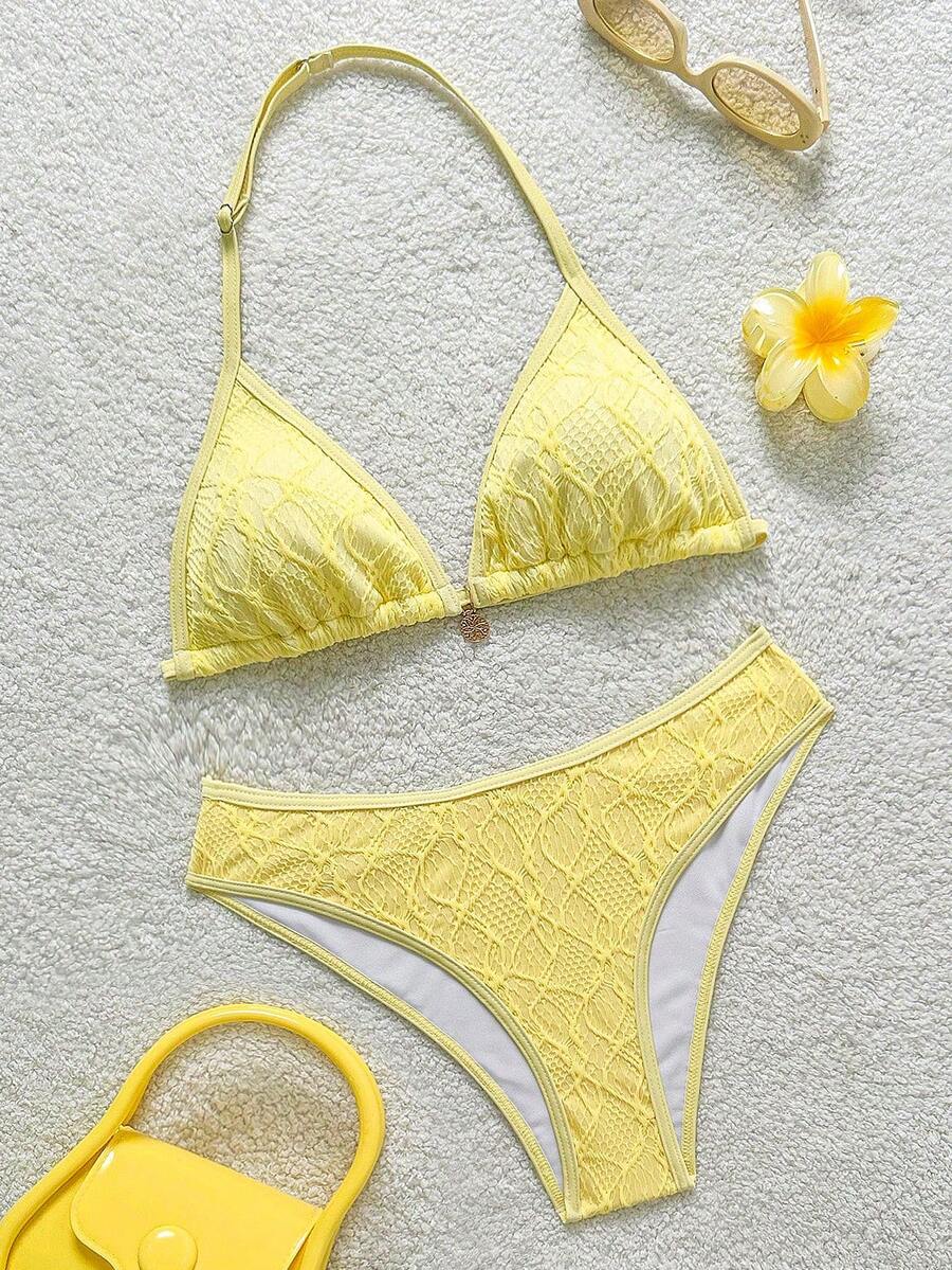少女黄色提花纹理沙滩度假比基尼两件套 - 黃色 - 查看 1