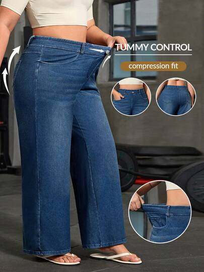 Flexra Plus Size Women Street Casual Sports Style Knit Denim Wide Leg Pants