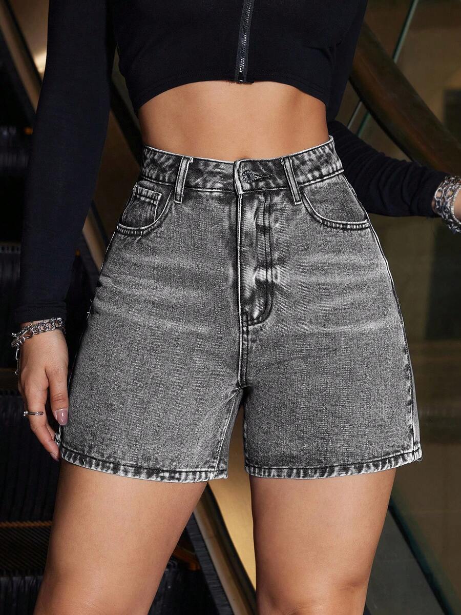 Jeanoix Quần short denim nữ màu trơn, kiểu dáng thường ngày. - Xám - Xem 1