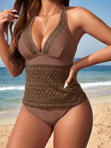 Swim Lushoire 2026春夏新款女士泳装上市，适合度假、约会、西部风情、邮轮、海滩、海岛、公路旅行、四季皆宜、音乐节、波西米亚风度假、秋日休闲等场合。撞色拼接拼接比基尼泳衣套装，尽显波西米亚Y2K风格，是度假和海滩的理想之选。 - 咖啡棕 - 查看 4