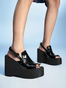 Sugerpunk 女士厚底凉鞋，露趾坡跟拖鞋，时尚鞋履 - 黑色 - 查看 5