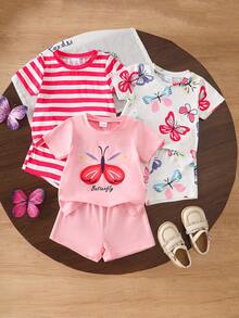 SHEIN 6件套女婴可爱优雅碎花短袖上衣短裤套装，春夏款 - 彩色 - 查看 5