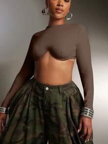 Denimoi Áo croptop tay dài có gọng nâng ngực, kiểu dáng gợi cảm, thời trang đường phố, thích hợp cho các buổi tiệc tùng, sự kiện GNO và concert. - màu nâu - Xem 5