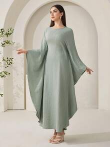 Veilorie Women's Round Neck Solid Color Batwing Sleeve Elegant Maxi Arabian Dress - Green - View 9