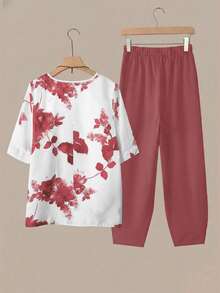 Linhara 大码女装夏季休闲日常圆领印花短袖上衣和松紧腰裤两件套 - 粉色 - 查看 2